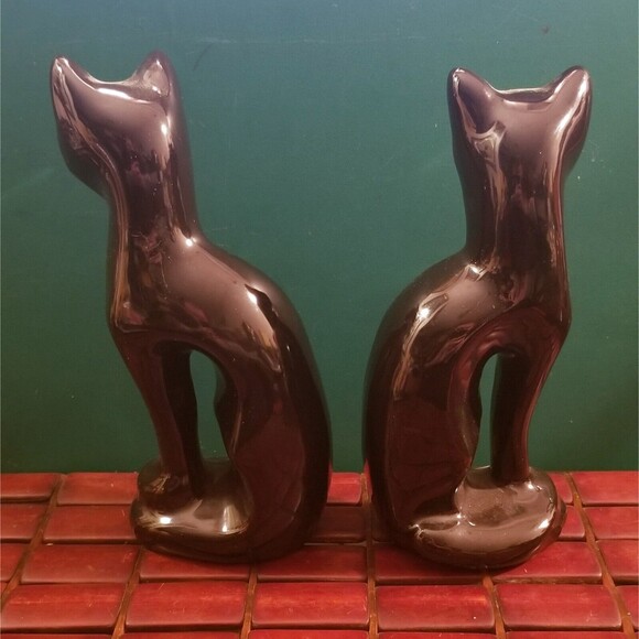 Vintage MCM Ceramic Sitting Black Cat Figurines Hand Painted Green Eyes 8" High - Picture 2 of 5